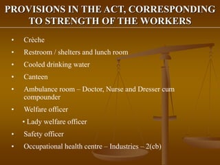 PROVISIONS IN THE ACT, CORRESPONDING
TO STRENGTH OF THE WORKERS
• Crèche
• Restroom / shelters and lunch room
• Cooled drinking water
• Canteen
• Ambulance room – Doctor, Nurse and Dresser cum
compounder
• Welfare officer
• Lady welfare officer
• Safety officer
• Occupational health centre – Industries – 2(cb)
 