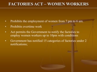 FACTORIES ACT – WOMEN WORKERS
• Prohibits the employment of women from 7 pm to 6 am.
• Prohibits overtime work
• Act permits the Government to notify the factories to
employ women workers up to 10pm with conditions
• Government has notified 15 categories of factories under 2
notifications;
 
