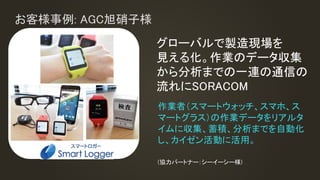 お客様事例: AGC旭硝子様
グローバルで製造現場を
見える化。作業のデータ収集
から分析までの一連の通信の
流れにSORACOM
作業者（スマートウォッチ、スマホ、ス
マートグラス）の作業データをリアルタ
イムに収集、蓄積、分析までを自動化
し、カイゼン活動に活用。
(協力パートナー：シーイーシー様)
 