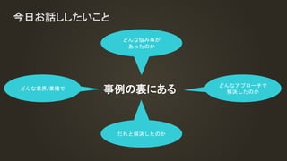 今日お話ししたいこと
事例の裏にあるどんな業界/業種で
どんな悩み事が
あったのか
どんなアプローチで
解決したのか
だれと解決したのか
 