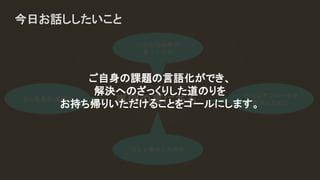 事例の裏にあるどんな業界/業種で
どんな悩み事が
あったのか
どんなアプローチで
解決したのか
だれと解決したのか
ご自身の課題の言語化ができ、
解決へのざっくりした道のりを
お持ち帰りいただけることをゴールにします。
今日お話ししたいこと
 
