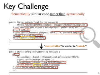 Key Challenge
Semantically similar code rather than syntactically
7
“converToHex” is similar to “encode”
 