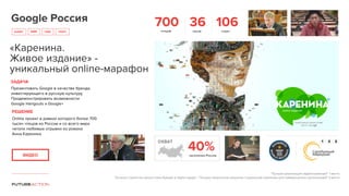 Google Россия
EVENT CRMSMM
«Каренина.
Живое издание» -
уникальный online-марафон
VIDEO
"Лучшая реализация digital-кампании" 1 место
"Лучшая стратегия присутствия бренда в digital-среде", "Лучшее творческое решение социальной кампании для коммерческих организаций" 2 место
700чтецов
36часов
106стран
ОХВАТ
40%населения РоссииВИДЕО
ЗАДАЧА
Презентовать Google в качестве бренда,
инвестирующего в русскую культуру
Продемонстрировать возможности
Google Hangouts и Google+
РЕШЕНИЕ
Online проект в рамках которого более 700
тысяч чтецов из России и со всего мира
читали любимые отрывки из романа
Анна Каренина
 