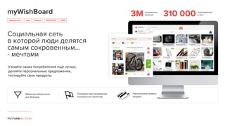 myWishBoard
PRODUCTION CRM
Социальная сеть
в которой люди делятся
самым сокровенным…
- мечтами
Маркетинговый канал
для брендов
MOBILE MARKETING
Площадка для проведения
специальных проектов
Организация прямых
продаж
3М сохраненных
желаний 310 000 пользователей
в сети
SMM
Узнайте своих потребителей еще лучше,
делайте персональные предложения,
тестируйте свои продукты
 