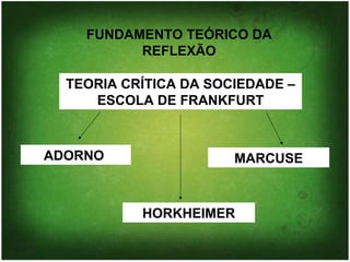 FUNDAMENTO TEÓRICO DA REFLEXÃO TEORIA CRÍTICA DA SOCIEDADE – ESCOLA DE FRANKFURT ADORNO  HORKHEIMER MARCUSE 
