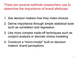 There are several methods researchers use to
determine the importance of brand attributes

1. Ask decision makers how they make choices
2. Derive importance through simple statistical tools
   such as correlation and regression
3. Use more complex trade-off techniques such as
   conjoint analysis or discrete choice modeling
4. Construct a ―micro-model‖ built on decision
   makers’ brand perceptions


                                                    14
 