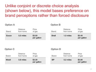 Unlike conjoint or discrete choice analysis
(shown below), this model bases preference on
brand perceptions rather than forced disclosure




                                                  17
 