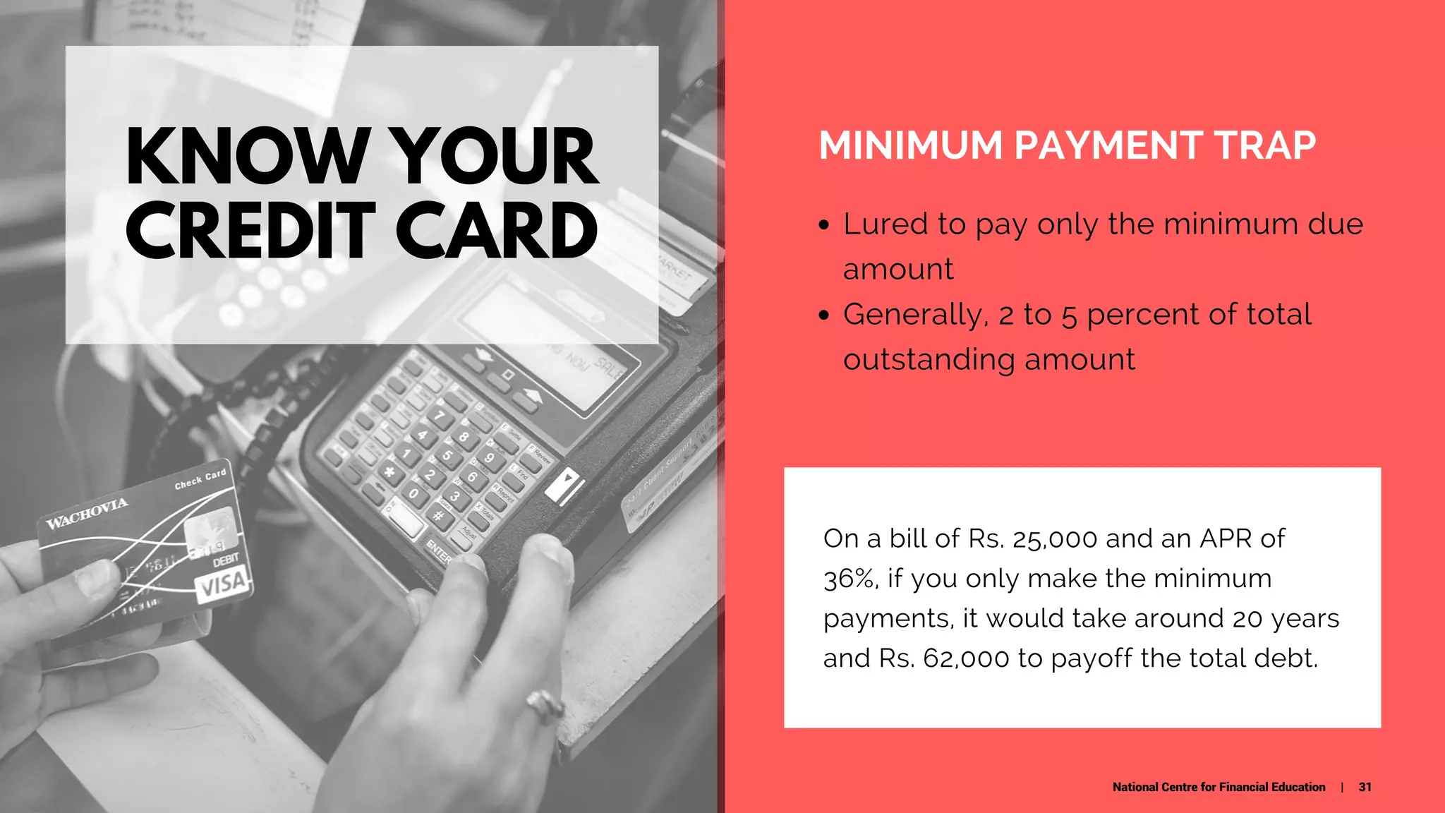 KNOW YOUR
CREDIT CARD
MINIMUM PAYMENT TRAP
Lured to pay only the minimum due
amount
Generally, 2 to 5 percent of total
outstanding amount
On a bill of Rs. 25,000 and an APR of
36%, if you only make the minimum
payments, it would take around 20 years
and Rs. 62,000 to payoff the total debt.
National Centre for Financial Education | 31
 