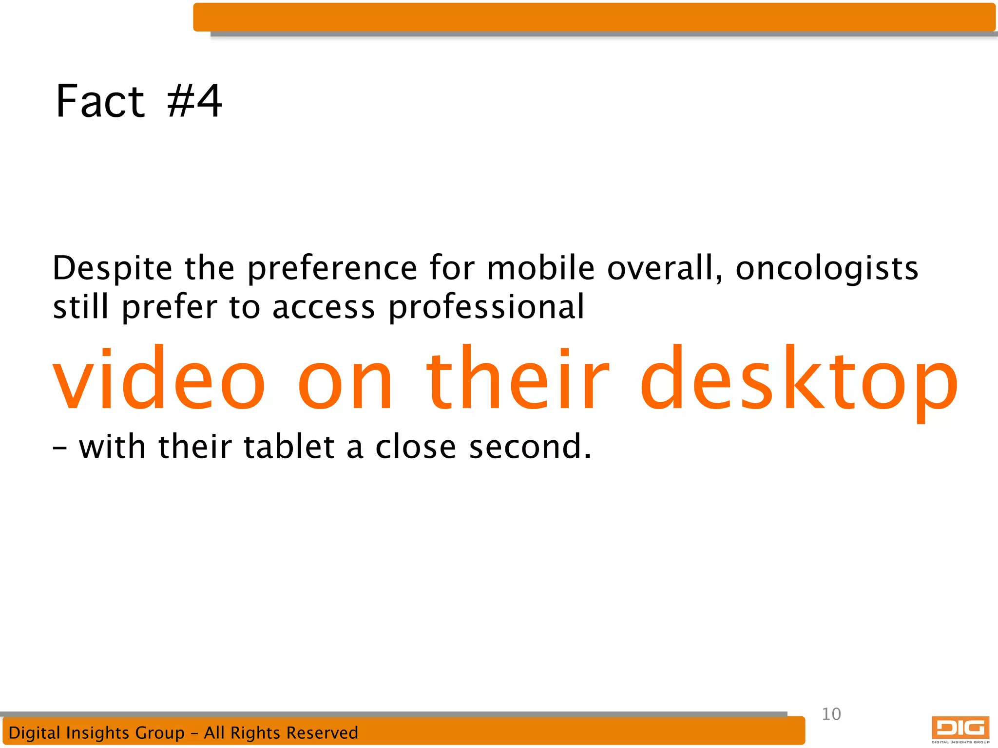 Fact #4
Despite the preference for mobile overall, oncologists
still prefer to access professional  

video on their desktop
– with their tablet a close second.

Digital Insights Group – All Rights Reserved

10

 