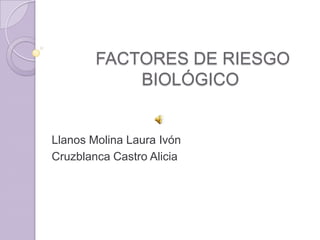 FACTORES DE RIESGO
            BIOLÓGICO


Llanos Molina Laura Ivón
Cruzblanca Castro Alicia
 