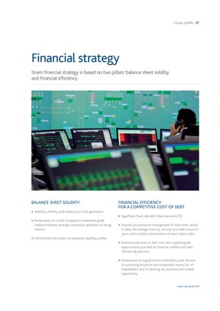 Group profile 27
Snam Fact Book 2015
Financial strategy
Snam financial strategy is based on two pillars: balance sheet solidity
and financial efficiency
BALANCE SHEET SOLIDITY
• Stability, visibility and resiliency of cash generation.
• Preservation of a solid Company’s investment grade
creditworthiness, through continuous attention to rating
metrics.
• Commitment to protect an adequate liquidity profile.
FINANCIAL EFFICIENCY
FOR A COMPETITIVE COST OF DEBT
• Significant fixed rate debt share (around 2/3).
• Focused and proactive management of maturities, aimed
to keep the average maturity of long-term debt around 5
years and to avoid concentration of loans’ expiry date.
• Potential reduction of debt cost, best exploiting the
opportunities provided by financial markets and debt
refinancing exercises.
• Preservation of a good financial flexibility, with the aim
of sustaining attractive and sustainable returns for all
stakeholders and of catching any business and market
opportunity.
 
