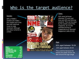 Who is the target audience?
                           Class:
Gender:                    52% work full times
69% of NME’s               whereas 7% work part
readers are males –        time and 29% are full time
this maybe due to the      students. This can be seen
fact that indie/rock       by the weekly cost of the
music is male              magazine, as it is the
dominant. Although         standard pricing of
the colour scheme is       magazines (e.g. Kerrang!
unisex.                    Magazine is also £2.20).




                        Age:
                        50% aged between 16-24
                        22% aged between 25-34
                        This could be because the
                        bands and artists shown are
                        also around this age range.
 