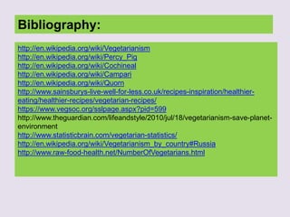 Bibliography:
http://en.wikipedia.org/wiki/Vegetarianism
http://en.wikipedia.org/wiki/Percy_Pig
http://en.wikipedia.org/wiki/Cochineal
http://en.wikipedia.org/wiki/Campari
http://en.wikipedia.org/wiki/Quorn
http://www.sainsburys-live-well-for-less.co.uk/recipes-inspiration/healthier-
eating/healthier-recipes/vegetarian-recipes/
https://www.vegsoc.org/sslpage.aspx?pid=599
http://www.theguardian.com/lifeandstyle/2010/jul/18/vegetarianism-save-planet-
environment
http://www.statisticbrain.com/vegetarian-statistics/
http://en.wikipedia.org/wiki/Vegetarianism_by_country#Russia
http://www.raw-food-health.net/NumberOfVegetarians.html
 