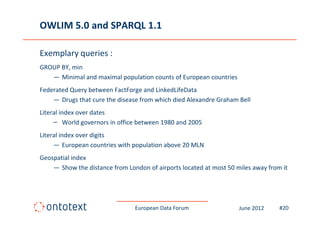 OWLIM 5.0 and SPARQL 1.1

Exemplary queries :
GROUP BY, min
   — Minimal and maximal population counts of European countries
Federated Query between FactForge and LinkedLifeData
    — Drugs that cure the disease from which died Alexandre Graham Bell
Literal index over dates
     – World governors in office between 1980 and 2005
Literal index over digits
     ― European countries with population above 20 MLN
Geospatial index
    — Show the distance from London of airports located at most 50 miles away from it




                                European Data Forum                 June 2012     #20
 