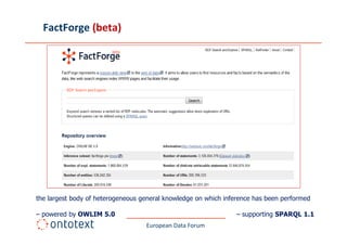 FactForge (beta)




the largest body of heterogeneous general knowledge on which inference has been performed

– powered by OWLIM 5.0                                           – supporting SPARQL 1.1
                                   European Data Forum
 