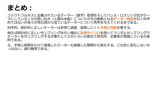 まとめ：
ファクトフルネスに記載されているデーター（数字）信憑性そしてハンス・ロスリング氏がテー
マにしている１０の思い込み（人間の本能）についてのその根拠となるデーター検証がなく科学
的ではないが我々が常日頃から見ているデーターについて再考を与えてくれる本である。
科学的、統計的に正しいデーターは非常に調査、採取しにくく手間と時間を要する。
例えば統計的に正しいサンプリングを行い場合に乱数サイコロを用いてランダムサンプリングで
データーをサンプリングするが果たしてどのくらいの割合で研究所、企業等が実施しているか疑
問である。
又、手間と時間をかけて調査したデーターも調査した瞬間から変化する。この世に変化しないモ
ノはない、諸行無常である。
 