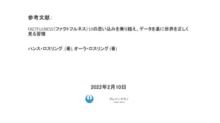 2022年2月10日
ク コンサルティング
参考文献：
FACTFULNESS（ファクトフルネス）10の思い込みを乗り越え、データを基に世界を正しく
見る習慣
ハンス・ロスリング (著), オーラ・ロスリング (著)
クレイン テクノ
Ｃｒａｎｅ ｔｅｃｈｎｏ
 