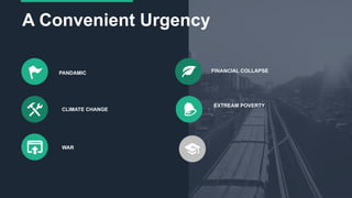 18
A Convenient Urgency
PANDAMIC
CLIMATE CHANGE
WAR
FINANCIAL COLLAPSE
EXTREAM POVERTY
 
