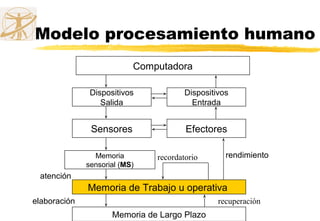 Modelo procesamiento humano
Computadora
Dispositivos
Salida
Dispositivos
Entrada
Sensores Efectores
Memoria
sensorial (MS)
atención
Memoria de Trabajo u operativa
Memoria de Largo Plazo
elaboración recuperación
recordatorio rendimiento
 
