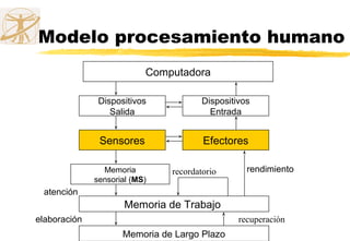 Modelo procesamiento humano
Computadora
Dispositivos
Salida
Dispositivos
Entrada
Sensores Efectores
Memoria
sensorial (MS)
atención
Memoria de Trabajo
Memoria de Largo Plazo
elaboración recuperación
recordatorio rendimiento
 