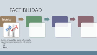 FACTIBILIDAD
Técnica
Revisión de la viabilidad técnica referente a los
requerimientos computacionales o de sistema:
• HW
• SW
• RR.HH.
 