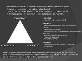 Para poder desarrollar un proyecto Inmobiliario se debe tomar en cuenta 3
factores, el económico, el normativo y el contextual.
Los tres factores deben de cumplir satisfactoriamente con los estudios de
factibilidad, para poder garantizar el éxito del proyecto de inversión.
ECONÓMICO
CONTEXTUAL NORMATIVO
ECONÓMICO
• Factibilidad económica (Rentable)
NORMATIVO
• Potencialidad determinada por la Reglamentación
Aplicable.
• Plan de desarrollo urbano.
• Reglamento de Construcciones para el Distrito Federal y/o
Municipal.
• Normas Técnicas Complementarias.
• Programa Delegacional.
• INAH, INBA, SEDUVI
CONTEXTUAL
Entorno propicio para el desarrollo del Proyecto
Arquitectónico
En esta etapa se hace la valoración del predio, obteniendo la potencialidad que nos dicta el uso de
suelo, se establecen costos paramétricos del proyecto basados en el estudio de mercado y su entorno
natural y artificial y asi conocer el grado de rentabilidad del proyecto.
 