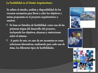 Se refiere al estudio, análisis y disponibilidad de los
recursos necesarios para llevar a cabo los objetivos o
metas propuestas en el proyecto arquitectónico a
resolver.
 Se basa en Estudios de factibilidad, como una de las
primeras etapas del desarrollo del proyecto,
incluyendo los objetivos, alcances y restricciones
sobre el sistema.
 A partir de esto, en caso de ser necesarias se crean
soluciones alternativas, analizando para cada una de
éstas, los diferentes tipos de factibilidades.
La Factibilidad en el Diseño Arquitectónico
 