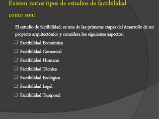 Existen varios tipos de estudios de factibilidad
como son:
El estudio de factibilidad, es una de las primeras etapas del desarrollo de un
proyecto arquitectónico y considera los siguientes aspectos:
 Factibilidad Económica
 Factibilidad Comercial
 Factibilidad Humana
 Factibilidad Técnica
 Factibilidad Ecológica
 Factibilidad Legal
 Factibilidad Temporal
 