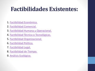 Factibilidades Existentes:
1. Factibilidad Económica.
2. Factibilidad Comercial.
3. Factibilidad Humana u Operacional.
4. Factibilidad Técnica o Tecnológicas.
5. Factibilidad Organizacional.
6. Factibilidad Política.
7. Factibilidad Legal.
8. Factibilidad de Tiempo.
9. Análisis Ecológico.
 