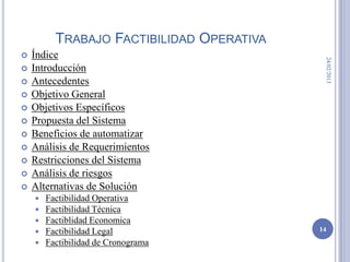 TRABAJO FACTIBILIDAD OPERATIVA
   Índice




                                            24/02/2013
   Introducción
   Antecedentes
   Objetivo General
   Objetivos Específicos
   Propuesta del Sistema
   Beneficios de automatizar
   Análisis de Requerimientos
   Restricciones del Sistema
   Análisis de riesgos
   Alternativas de Solución
       Factibilidad Operativa
       Factibilidad Técnica
       Factiblidad Economica
       Factibilidad Legal                 14

       Factibilidad de Cronograma
 