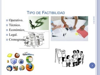 TIPO DE FACTIBILIDAD




                                          24/02/2013
 Operativo.
 Técnico.

 Económico.

 Legal.

 Cronograma




                                      3
 