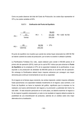 - 102 -
Como se puede observar del total del Costo de Producción, los costos fijos representan el
37% y los costos variables el 63%.
5.3.7.1 Graficación del Punto de Equilibrio
CF_____ 58,433
PE =
1 - CV__ PE = 1 - 101,332 PE = USD 95,792
Ventas 259,200
PE1 -
PE___ 95,792 = 37%
VENTAS 259,200
El punto de equilibrio nos muestra que cuando las ventas hayan alcanzado los USD 95.792
se habrán cubierto los costos de producción, por lo tanto no existirá ni utilidad ni pérdida.
La Panificadora Fortaleza Cía. Ltda., aspira elaborar para vender 2.160.000 panes en el
primer año de operación (2010), razón por la cual el PE1 indica que para alcanzar el Punto
de Equilibrio se ha empleado el 37% de la capacidad instalada de la panificadora, lo que
equivale a una producción de alrededor de 800.000 panes en el primer año de operación.
Sin embargo la Panificadora deberá hacer mayores esfuerzos por conseguir una mayor
demanda para continuar incrementando el uso de su capacidad.
Si el negocio en el tiempo sigue creciendo, las ventas mejorarán, existen mayores utilidades
hasta aproximarse a la capacidad instalada inicialmente en el negocio; caso contrario, si el
Punto de Equilibrio va hacia la izquierda del gráfico, significaría que la empresa no ha
realizado una buena administración del negocio y la promoción y publicidad del mismo ha
sido débil. Si esta situación perduraría en el corto plazo, se debería examinar el negocio a
fin de mejorar la gestión empresarial y si esto no da resultado el negocio debería analizar la
posibilidad de una diversificación de productos, además de un análisis sobre otra mejor
alternativa de su localización.
 