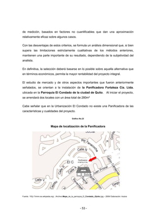 - 53 -
de medición, basados en factores no cuantificables que dan una aproximación
relativamente eficaz sobre algunos casos.
Con las desventajas de estos criterios, se formula un análisis dimensional que, si bien
supera las limitaciones estrictamente cualitativas de los métodos anteriores,
mantienen una parte importante de su resultado, dependiendo de la subjetividad del
analista.
En definitiva, la selección deberá basarse en lo posible sobre aquella alternativa que
en términos económicos, permita la mayor rentabilidad del proyecto integral.
El estudio de mercado y de otros aspectos importantes que fueron anteriormente
señalados, se orientan a la instalación de la Panificadora Fortaleza Cía. Ltda.
ubicada en la Parroquia El Condado de la ciudad de Quito. Al iniciar el proyecto,
se arrendará dos locales con un área total de 280m²
Cabe señalar que en la Urbanización El Condado no existe una Panificadora de las
características y cualidades del proyecto.
Gráfico No.23
Mapa de localización de la Panificadora
Fuente: http://www.es.wikipedia.org/.../Archivo:Mapa_de_la_parroquia_El_Condado_(Quito).jpg – 2009/ Elaboración: Autora
Panificadora
FORTALEZA
CIA.LTDA.
 