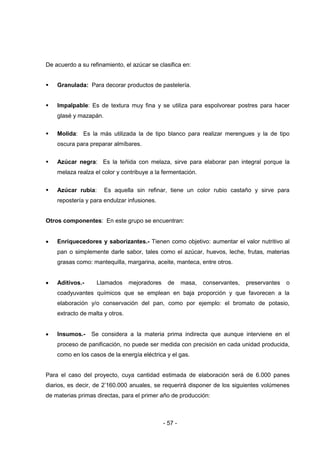 - 57 -
De acuerdo a su refinamiento, el azúcar se clasifica en:
 Granulada: Para decorar productos de pastelería.
 Impalpable: Es de textura muy fina y se utiliza para espolvorear postres para hacer
glasé y mazapán.
 Molida: Es la más utilizada la de tipo blanco para realizar merengues y la de tipo
oscura para preparar almíbares.
 Azúcar negra: Es la teñida con melaza, sirve para elaborar pan integral porque la
melaza realza el color y contribuye a la fermentación.
 Azúcar rubia: Es aquella sin refinar, tiene un color rubio castaño y sirve para
repostería y para endulzar infusiones.
Otros componentes: En este grupo se encuentran:
 Enriquecedores y saborizantes.- Tienen como objetivo: aumentar el valor nutritivo al
pan o simplemente darle sabor, tales como el azúcar, huevos, leche, frutas, materias
grasas como: mantequilla, margarina, aceite, manteca, entre otros.
 Aditivos.- Llamados mejoradores de masa, conservantes, preservantes o
coadyuvantes químicos que se emplean en baja proporción y que favorecen a la
elaboración y/o conservación del pan, como por ejemplo: el bromato de potasio,
extracto de malta y otros.
 Insumos.- Se considera a la materia prima indirecta que aunque interviene en el
proceso de panificación, no puede ser medida con precisión en cada unidad producida,
como en los casos de la energía eléctrica y el gas.
Para el caso del proyecto, cuya cantidad estimada de elaboración será de 6.000 panes
diarios, es decir, de 2’160.000 anuales, se requerirá disponer de los siguientes volúmenes
de materias primas directas, para el primer año de producción:
 