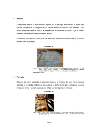 - 66 -
 Reposo
La siguiente fase es la maduración o reposo, su fin es dejar descansar a la masa para
que se recupere de la desgasificación sufrida durante la división y el boleado. Esta
etapa puede ser llevada a cabo a temperatura ambiente en el propio lugar o mucho
mejor en las denominadas cámaras de reposo.
Es también considerada como parte de la fase de fermentación continua que se realiza
durante todo el proceso.
Gráfico No. 27
Fuente: Fuente: ENGELS, Federio, Ciencia, Tecnología y Alimentos – volumen 3 PP 309,
Altaga 2002 Fotos Internet - http://www.mundorecetas.com/.../recetas-
postp611602.html - España - http://www.hotfrog.es/equipos-De-Pan
Elaboración: Autora
 Formado
Después de haber reposado, la siguiente etapa es el formado del pan. Si la pieza es
redonda, el resultado del boleado proporciona ya dicha forma; pero, si la pieza requiere
de alguna forma y tamaño especial, se utilizará una máquina de formado.
Gráfico No. 28
Fuente: ENGELS, Federio, Ciencia, Tecnología y Alimentos – volumen 3 PP 309, Altaga 2002 Fotos Internet -
http://www.mundorecetas.com/.../recetas-postp611602.html - España - http://www.hotfrog.es/equipos-De-
Pan - Elaboración: Autora
 