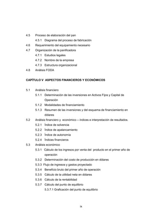 ix
4.5 Proceso de elaboración del pan
4.5.1 Diagrama del proceso de fabricación
4.6 Requerimiento del equipamiento necesario
4.7 Organización de la panificadora
4.7.1 Estudios legales
4.7.2 Nombre de la empresa
4.7.3 Estructura organizacional
4.8 Análisis FODA
CAPÍTULO V ASPECTOS FINANCIEROS Y ECONÓMICOS
5.1 Análisis financiero
5.1.1 Determinación de las inversiones en Activos Fijos y Capital de
Operación
5.1.2 Modalidades de financiamiento
5.1.3 Resumen de las inversiones y del esquema de financiamiento en
dólares
5.2 Análisis financiero y económico – índices e interpretación de resultados.
5.2.1 Índice de solvencia
5.2.2 Índice de apalancamiento
5.2.3 Índice de autonomía
5.2.4 Índices financieros
5.3 Análisis económico
5.3.1 Cálculo de los ingresos por venta del producto en el primer año de
operación
5.3.2 Determinación del costo de producción en dólares
5.3.3 Flujo de ingresos y gastos proyectado
5.3.4 Beneficio bruto del primer año de operación
5.3.5 Cálculo de la utilidad neta en dólares
5.3.6 Cálculo de la rentabilidad
5.3.7 Cálculo del punto de equilibrio
5.3.7.1 Graficación del punto de equilibrio
 