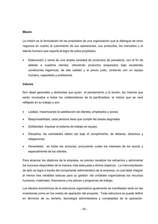- 75 -
Misión
La misión es la formulación de los propósitos de una organización que la distingue de otros
negocios en cuanto al cubrimiento de sus operaciones, sus productos, los mercados y el
talento humano que soporta el logro de estos propósitos.
 Elaboración y venta de una amplia variedad de productos de panadería, con el fin de
deleitar a nuestros clientes, ofreciendo productos preparados bajo excelentes
condiciones higiénicas, de alta calidad y al precio justo, contando con un equipo
humano, capacitado y profesional.
Valores
Son ideas generales y abstractas que guían el pensamiento y la acción, los mismos que
serán inculcados a todos los colaboradores de la panificadora, el mismo que se verá
reflejado en su trabajo y son:
 Lealtad, maximizando la satisfacción de clientes, empleados y socios.
 Responsabilidad, cada persona tiene que cumplir las tareas asignadas.
 Solidaridad, impulsar el sistema de trabajo en equipo.
 Disciplina, las actividades deben ser bajo el cumplimiento, de deberes, derechos y
obligaciones.
 Honestidad, en todas las acciones, procurando cuidar los intereses de los socios y
especialmente de los clientes.
Para alcanzar los objetivos de la empresa, es preciso canalizar los esfuerzos y administrar
los recursos disponibles de la manera más adecuada a dichos objetivos. La instrumentación
de esto se logra a través del componente administrativo de la empresa, el cual debe integrar
al menos tres variables básicas para su gestión: las unidades organizativas los recursos
humanos, materiales, financieros y los planes y programas de trabajo.
Los efectos económicos de la estructura organizativa igualmente se manifiestan tanto en las
inversiones como en los costos de operación del proyecto. Toda estructura se puede definir
en términos de su tamaño, tecnología administrativa y complejidad de la operación.
 