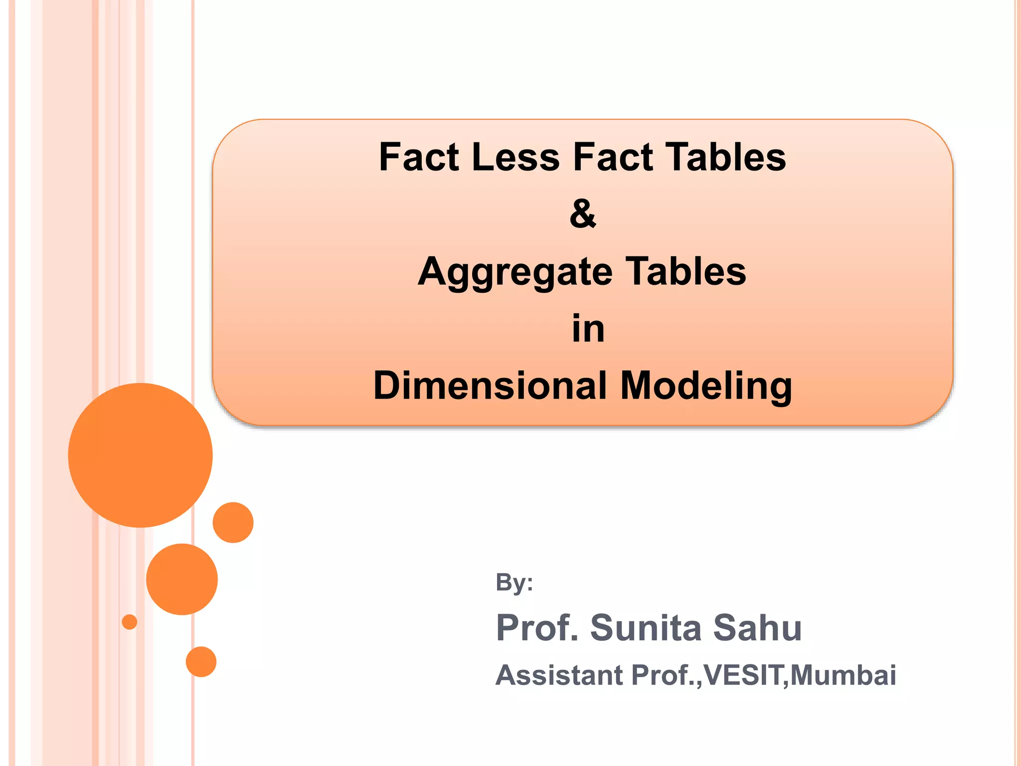 Fact Less Fact Tables
&
Aggregate Tables
in
Dimensional Modeling
By:
Prof. Sunita Sahu
Assistant Prof.,VESIT,Mumbai