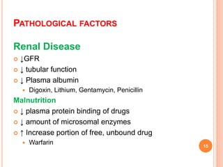 PATHOLOGICAL FACTORS
Renal Disease
 ↓GFR
 ↓ tubular function
 ↓ Plasma albumin
 Digoxin, Lithium, Gentamycin, Penicillin
Malnutrition
 ↓ plasma protein binding of drugs
 ↓ amount of microsomal enzymes
 ↑ Increase portion of free, unbound drug
 Warfarin 15
 