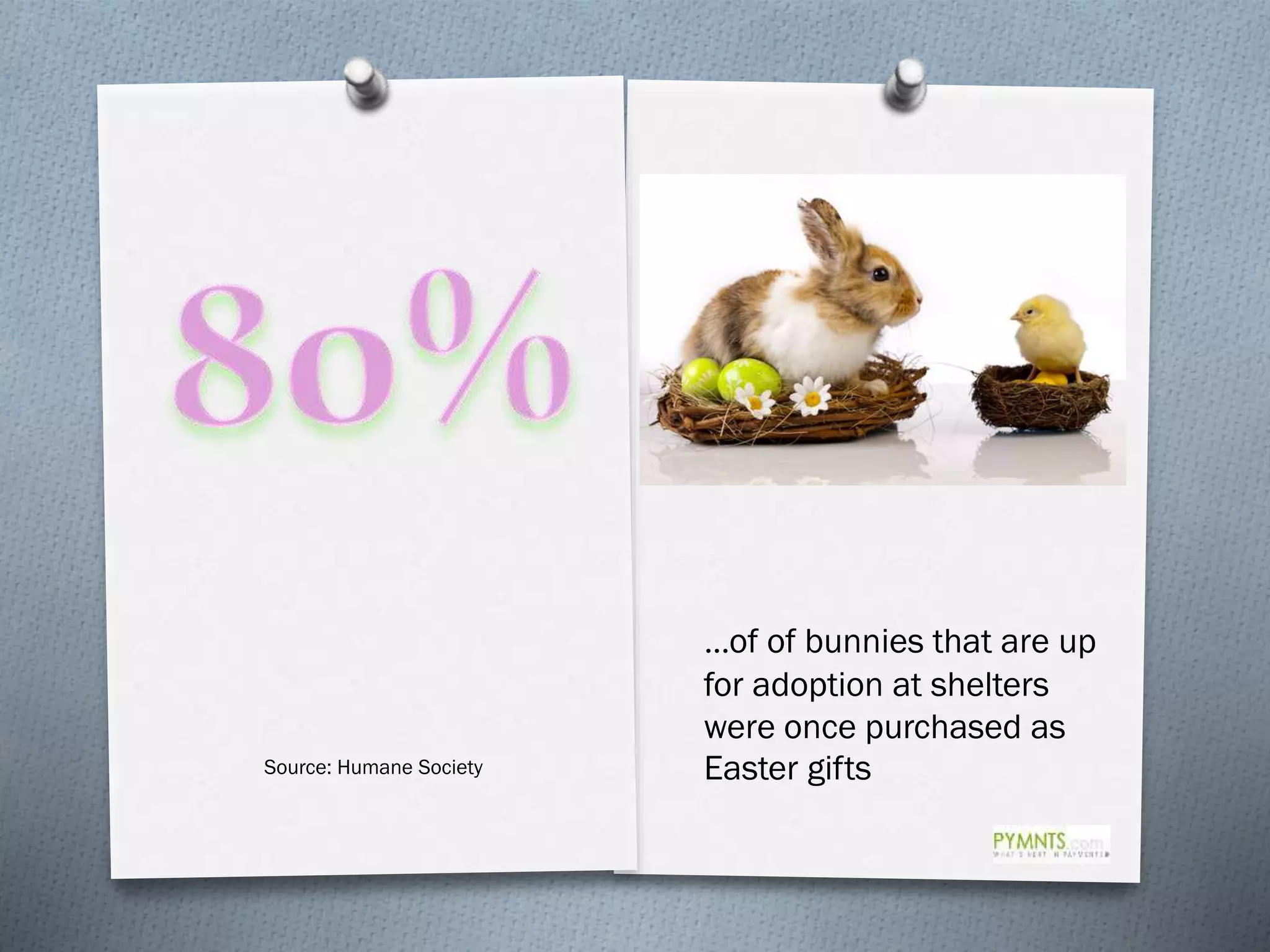 Source: Humane Society
…of of bunnies that are up
for adoption at shelters
were once purchased as
Easter gifts
 
