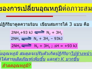 ผลของการเปลี่ยนอุณหภูมิ ต่อภาวะสมดุล 1.  ปฏิกิริยาดูดความร้อน   เขียนสมการได้  3  แบบ คือ  2NH 3 +93 kJ  N 2  + 3H 2 2NH 3   N 2  + 3H 2  – 93kJ 2NH 3   N 2  + 3H 2  ;   H = +93 kJ ถ้าเพิ่มอุณหภูมิ สมดุลจะปรับตัวเกิดปฏิกิริยา ไปข้างหน้ามาก ขึ้น ทำให้ได้สาร ผลิตภัณฑ์เพิ่มขึ้น  และ ค่า  K  มากขึ้น ถ้าลดอุณหภูมิ ? 