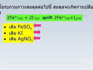 Ex2   เมื่อรบกวนภาวะสมดุลต่อไปนี้ สมดุลจะเกิดการเปลี่ยนแปลง อย่างไร 2Fe 3+ (aq)  + 2I - (aq)   2Fe 2+ (aq) +I 2 (aq) เติม  FeSO 4 เติม  KI เติม  AgNO 3 