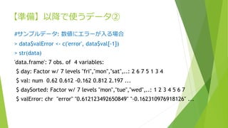 【準備】以降で使うデータ②
#サンプルデータ: 数値にエラーが入る場合
> data$valError <- c('error', data$val[-1])
> str(data)
'data.frame': 7 obs. of 4 variables:
$ day: Factor w/ 7 levels "fri","mon","sat",..: 2 6 7 5 1 3 4
$ val: num 0.62 0.612 -0.162 0.812 2.197 ...
$ daySorted: Factor w/ 7 levels "mon","tue","wed",..: 1 2 3 4 5 6 7
$ valError: chr "error" "0.612123492650849" "-0.162310976918126" ...
 