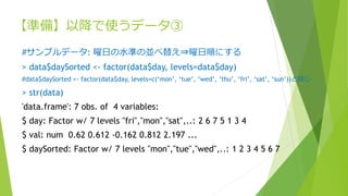 【準備】以降で使うデータ③
#サンプルデータ: 曜日の水準の並べ替え⇒曜日順にする
> data$daySorted <- factor(data$day, levels=data$day)
#data$daySorted <- factor(data$day, levels=c(‘mon’, ‘tue’, ‘wed’, ‘thu’, ‘fri’, ‘sat’, ‘sun’))と同じ
> str(data)
'data.frame': 7 obs. of 4 variables:
$ day: Factor w/ 7 levels "fri","mon","sat",..: 2 6 7 5 1 3 4
$ val: num 0.62 0.612 -0.162 0.812 2.197 ...
$ daySorted: Factor w/ 7 levels "mon","tue","wed",..: 1 2 3 4 5 6 7
 