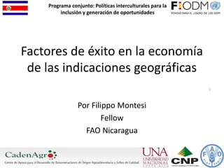 Factores de éxito en la economía
de las indicaciones geográficas
Por Filippo Montesi
Fellow
FAO Nicaragua
1
Programa conjunto: Políticas interculturales para la
inclusión y generación de oportunidades
 