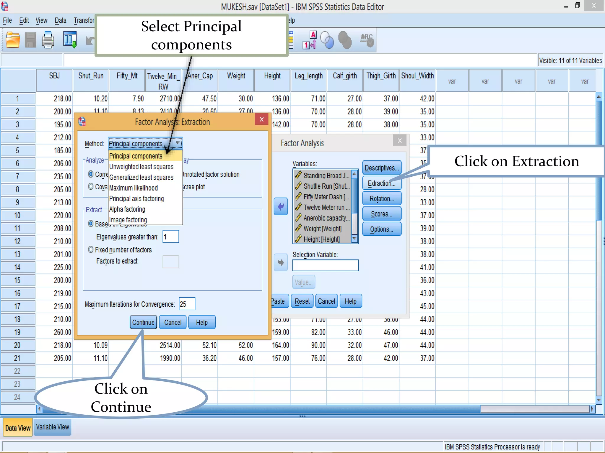 Click on Extraction
Click on
Continue
Select Principal
components
 