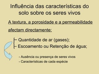 Influência das características do solo sobre os seres vivos A textura, a porosidade e a permeabilidade afectam directamente: Quantidade de ar (gases); Escoamento ou Retenção de água; - Ausência ou presença de seres vivos - Características de cada espécie  