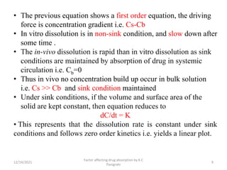 12/14/2021
Factor affecting drug absorption by K.C
Panigrahi
9
• The previous equation shows a first order equation, the driving
force is concentration gradient i.e. Cs-Cb
• In vitro dissolution is in non-sink condition, and slow down after
some time .
• The in-vivo dissolution is rapid than in vitro dissolution as sink
conditions are maintained by absorption of drug in systemic
circulation i.e. Cb=0
• Thus in vivo no concentration build up occur in bulk solution
i.e. Cs >> Cb and sink condition maintained
• Under sink conditions, if the volume and surface area of the
solid are kept constant, then equation reduces to
dC/dt = K
• This represents that the dissolution rate is constant under sink
conditions and follows zero order kinetics i.e. yields a linear plot.
 