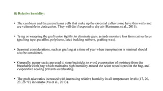 ii) Relative humidity:
• The cambium and the parenchyma cells that make up the essential callus tissue have thin walls and
are vulnerable to desiccation. They will die if exposed to dry air (Hartmann et al., 2011).
• Tying or wrapping the graft union tightly, to eliminate gaps, retards moisture loss from cut surfaces
(grafting tape, parafilm, polythene, latex budding rubbers, grafting wax).
• Seasonal considerations, such as grafting at a time of year when transpiration is minimal should
also be considered.
• Generally, gunny sacks are used to store budsticks to avoid evaporation of moisture from the
breathable cloth bag which maintains high humidity around the scion wood stored in the bag, and
evaporative cooling prevents overheating.
• The graft-take ratios increased with increasing relative humidity in all temperature levels (17, 20,
23, 26 °C) in tomato (Vu et al., 2013).
 