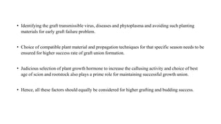 • Identifying the graft transmissible virus, diseases and phytoplasma and avoiding such planting
materials for early graft failure problem.
• Choice of compatible plant material and propagation techniques for that specific season needs to be
ensured for higher success rate of graft union formation.
• Judicious selection of plant growth hormone to increase the callusing activity and choice of best
age of scion and rootstock also plays a prime role for maintaining successful growth union.
• Hence, all these factors should equally be considered for higher grafting and budding success.
 